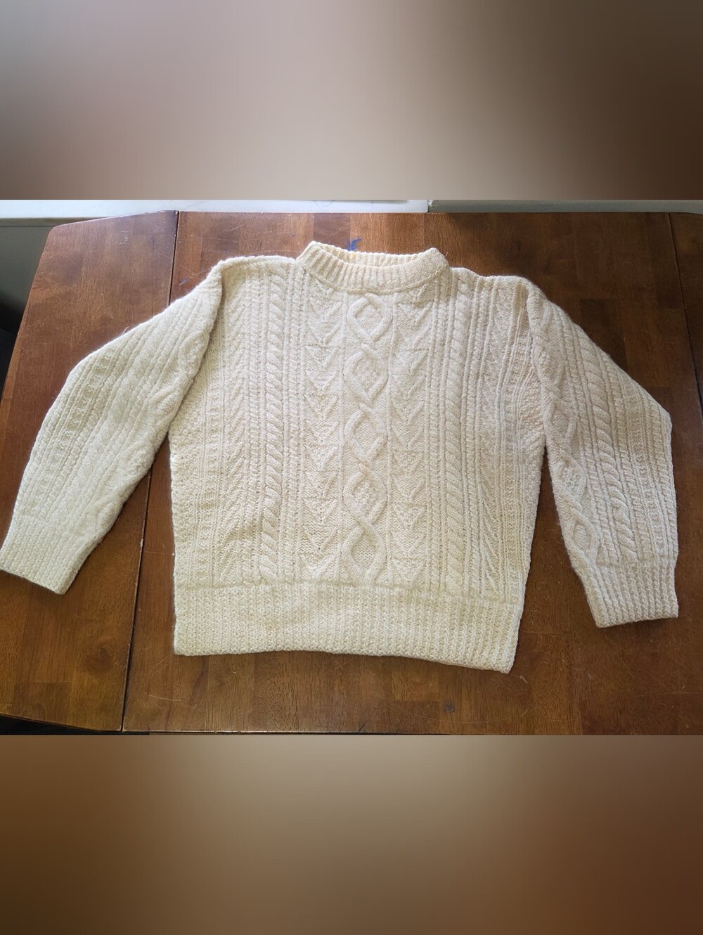 Vintage Hand-Knit Wool Aran Fisherman Sweater Cream Cable Knit Women's Small [1,